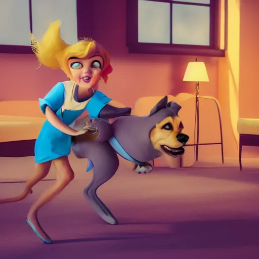 Image similar to women working, in the style of disney, comic book style, the dog is doing a ballet dance, highly detailed, 8k resolution, octane renderer