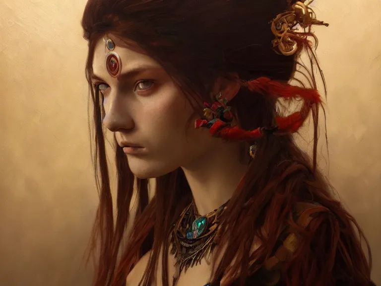 Prompt: a detailed portrait oil painting of a sad shaman girl with long red hair and face tattoos, cinematic, dramatic lighting, intricate artwork by caravaggio and greg rutkowski and alphonse mucha. Trending on artstation. 8k