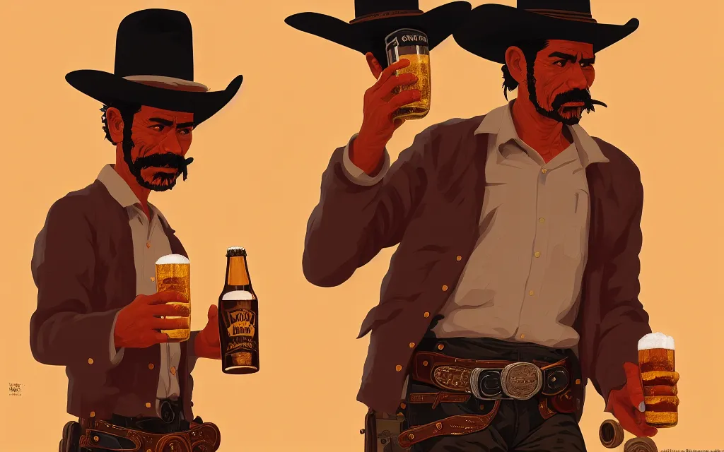 Prompt: photo of juan caloto beer illustration of a mexican man,, with one small, dirt, wild west, with hat, drinking a beer at train station, fantasy, intricate, elegant, highly detailed, digital painting, artstation, concept art by makoto shinkai, ilya kuvshinov, lois van baarle, rossdraws, basquiat,