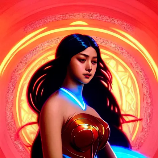 Image similar to liza soberano as darna, volumetric lights, red and cyan theme, art nouveau botanicals, intricate, highly detailed, digital painting, artstation, concept art, smooth, sharp focus, cinematic, illustration, beautiful face, art by artgerm and greg rutkowski and alphonse mucha