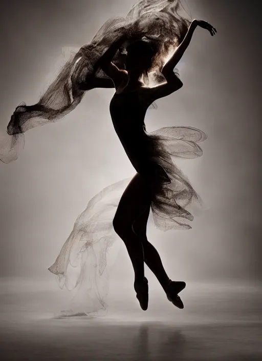 Image similar to a Photorealistic dramatic hyperrealistic render of a glamorous beautiful Female smoke dancer by Ken Brower and Deborah Ory of NYC Dance project,Lois Greenfield,Flowing cloth and smoke,Beautiful dynamic dramatic dark moody lighting,volumetric,shadows,cinematic atmosphere,Octane render,8K