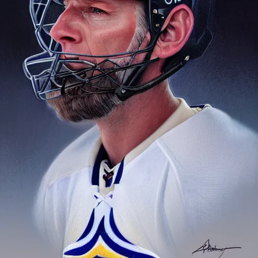 Image similar to beautiful portrait of Clint Malarchuk as a hockey coach, fantasy, intricate, elegant, highly detailed, digital painting, artstation, concept art, smooth, sharp focus, luxury fashion illustration, art by artgerm and greg rutkowski and alphonse mucha, brightly lit cinematic soft lighting, photorealistic