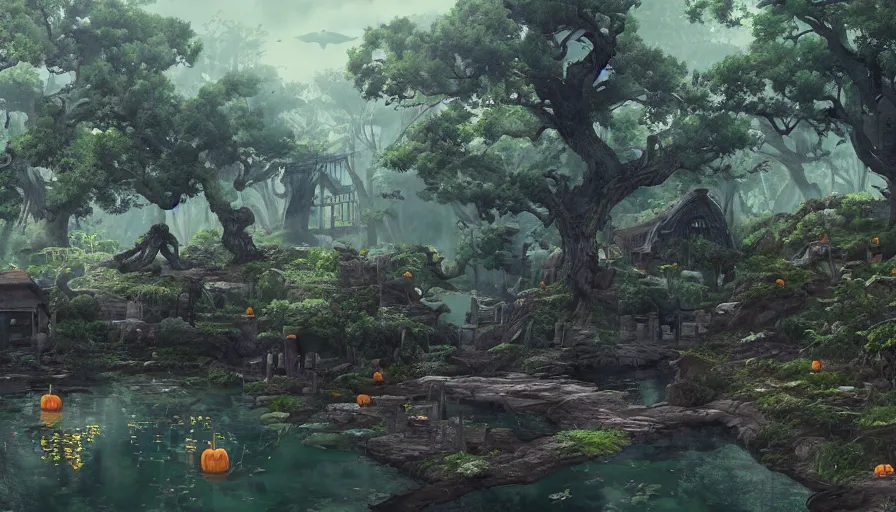 Image similar to scary halloween land with a pond, beautiful ancient trees, hiding large treasure chest, serene evening atmosphere, soft lens, soft light, cel - shading, animation, in the style of cgsociety, deviantart, artstation, zbrush, cinema 4 d, studio ghibli, akihiko yoshida, atelier lulua, masamune shirow