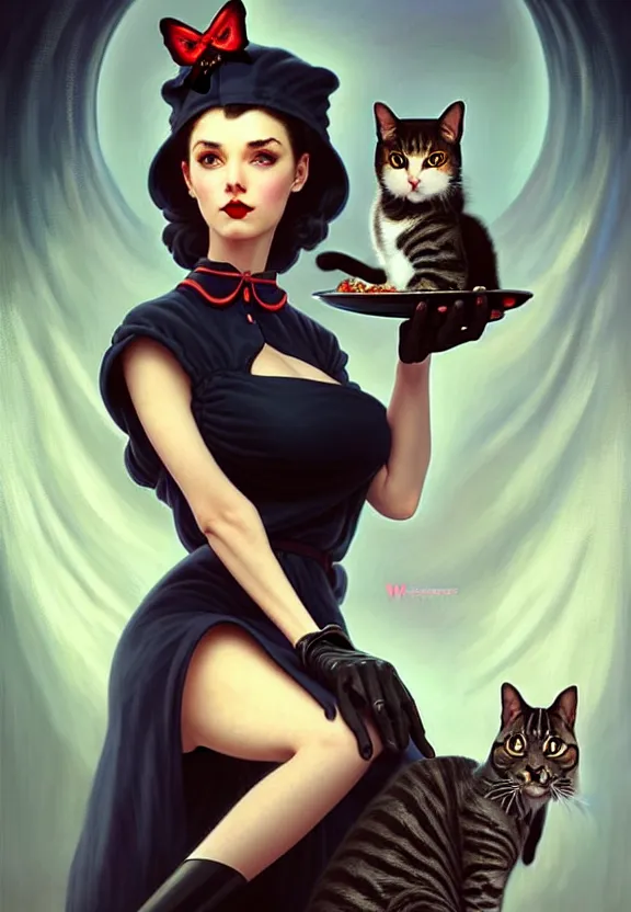 Prompt: Necromancer waitress of a small 50’s style diner holding a cat, fantasy magic, dark pin-up style hair, dark light night, intricate, elegant, sharp focus, illustration, highly detailed, digital painting, concept art, matte, art by WLOP and Artgerm and Greg Rutkowski and Alphonse Mucha, masterpiece