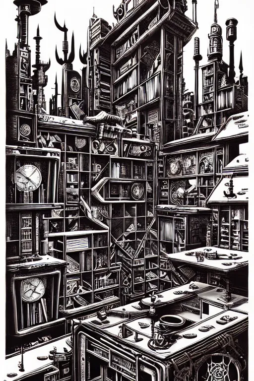 Image similar to a majestic steampunk alchemists bookshelf, two point perspective, furniture, high details, bold line art, by vincent di fate and joe fenton, inking, etching, screen print, masterpiece, trending on artstation, sharp, high contrast, hyper - detailed,, hd, 4 k, 8 k