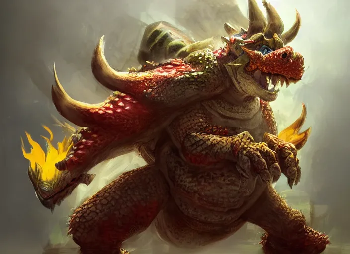 Image similar to detailed concept art of a huge giant bowser by cheng yi and luolin, artstation, artstationhd, detailed scales, spiky and red hair tuft green scales. bowser, bowser nintendo, koopa, ~ bowser # bowser ( ( mario ) ) bcy. net, realistic. reptile cheng yi, fire breathing. bowser