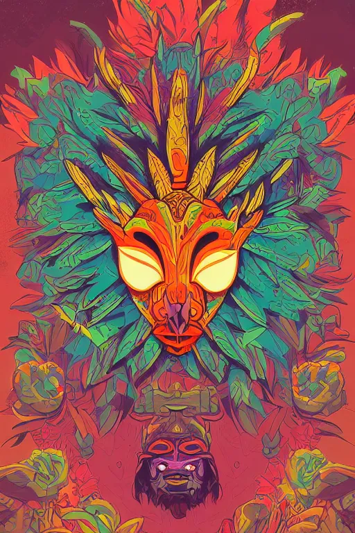 Image similar to animal mask totem roots flower tribal feather gemstone plant wood rock shaman vodoo video game vector cutout illustration vivid multicolor borderlands comics by josan gonzales and dan mumford radiating a glowing aura