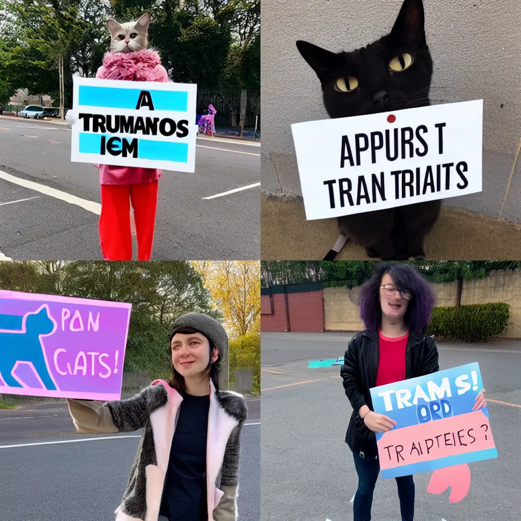 Prompt: a supportive cat holding a sign saying Trans Rights