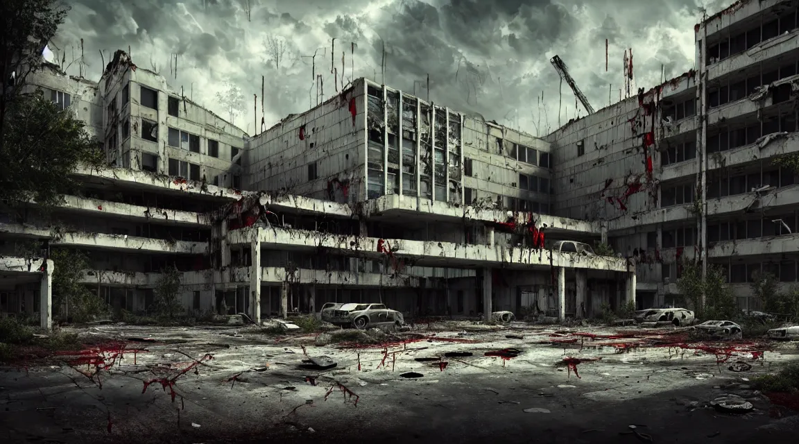 Prompt: post apocalyptic hospital building, people fighting, morning, building, avenue, modern contemporary urban americana concrete architecture, by pascal blanche, neil blevins, apocalyptic color palette, trending on artstation, photorealistic, wilderness ambiance, ultra detailed, high definition, depth of field, bokeh, rubble, wild vegetation, blood stains, building crumbling