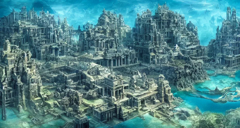 Prompt: a magnificent photo of the lost city of Atlantis, underwater, landscape, fully built buildings, hyper detailed, 4K