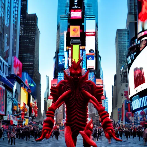 Image similar to demogorgon walking peacefully in times square in the middle of crowdm dawn sunny day, lens flare, hyper realistic, intrincate, 16k, unreal render engine