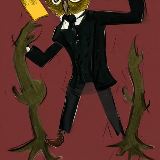 Prompt: A professional stoic humanoid horned owl man dressed in a velvet black suit with a red tie, a scratched left eye, and a giant book in one hand, dnd concept art style