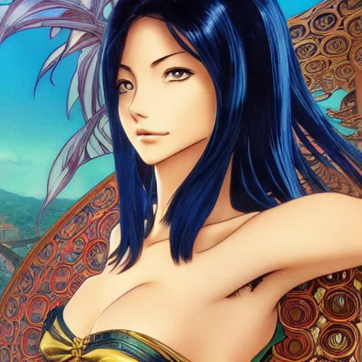 Image similar to highly detailed vfx portrait of nico robin by eiichiro oda!, makoto shinkai, alphonse mucha, sharp focus, art by artgerm and greg rutkowski!, backlit, harsh overhead sunlight, blue eyes!!, large aquiline nose!!, stanley kybric, kaoru mori, shadows, best of behance,