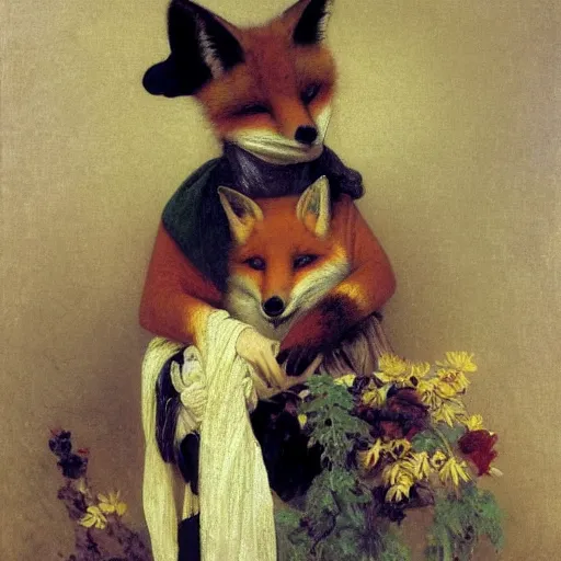 Prompt: A portrait of a fox in a scarf surrounded by flowers by William-Adolph Bouguereau, animal in a scarf, fox wearing a scarf