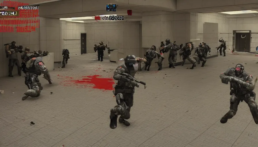 Prompt: 1994 Video Game Deathcam Screenshot, Anime Neo-tokyo Cyborg bank robbers vs police, Set inside of the Bank Lobby, Multiplayer set-piece in bank lobby, Tactical Squad :9, Police officers under heavy fire, Police Calling for back up, Bullet Holes and Realistic Blood Splatter, :6 Gas Grenades, Riot Shields, Large Caliber Sniper Fire, Chaos, Anime Cyberpunk, Ghost in The shell Bullet VFX, Machine Gun Fire, Violent Gun Action, Shootout, :7 Inspired by Escape From Tarkov + Intruder + Ghost In The Shell :9 by Katsuhiro Otomo: 9