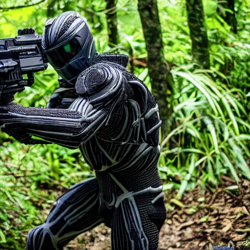 Image similar to close up Crysis Nanosuit shooting at enemies in a jungle combat photography 2022, Canon EOS R3, f/1.4, ISO 200, 1/160s, 8K, RAW, unedited, in-frame,