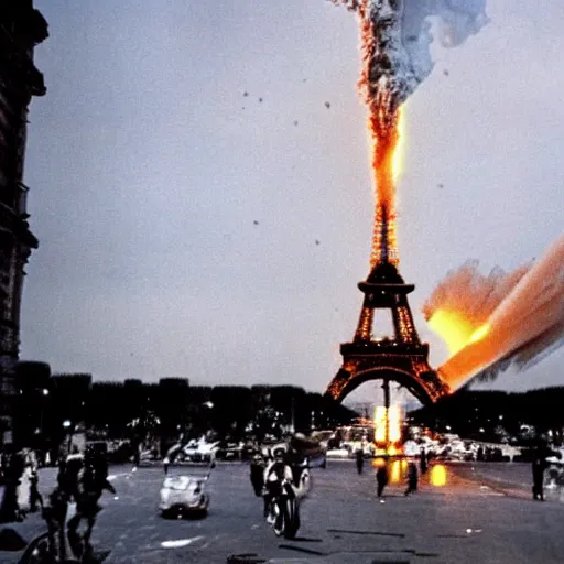 Prompt: the eiffel tower on fire and exploding, still