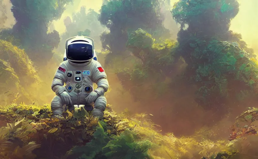 Prompt: a beautiful painting of a cute adorable kawaii futuristic vr plastic android astronaut sitting on a lush planet of foliage, the destroyed wreckage of a crashed spaceship, steam, thick colorful smoke, ross tran, ron walotsky, greg rutkowski, trending on artstation