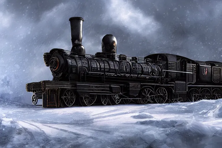 Prompt: a grand intricate futuristic black steam train, the train is themed after willy wonka and the chocolate factory, post - apocalyptic ice landscape in snowstorm, concept art, artstation, highly detailed, digital art
