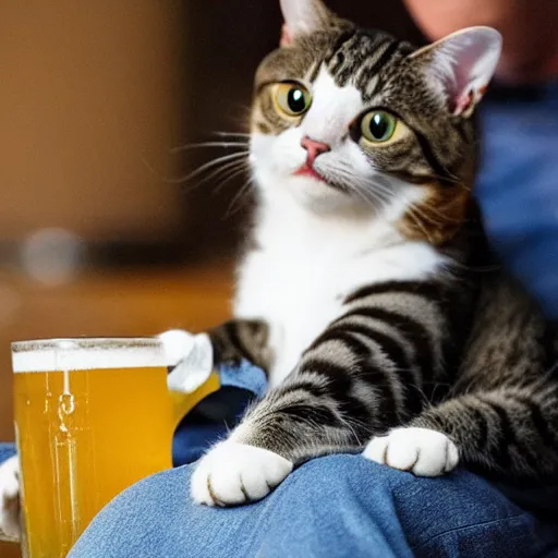 Image similar to a cat is holding a beer