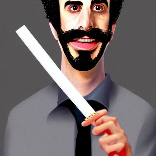 Image similar to Sacha Baron Cohen as borat smoking a giant rolled cannabis cigarette, caricature, smoke, amazing detail, digital art, artstation