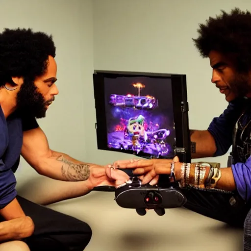 Image similar to lenny kravitz playing smash brothers on the gamecube, digital photography,