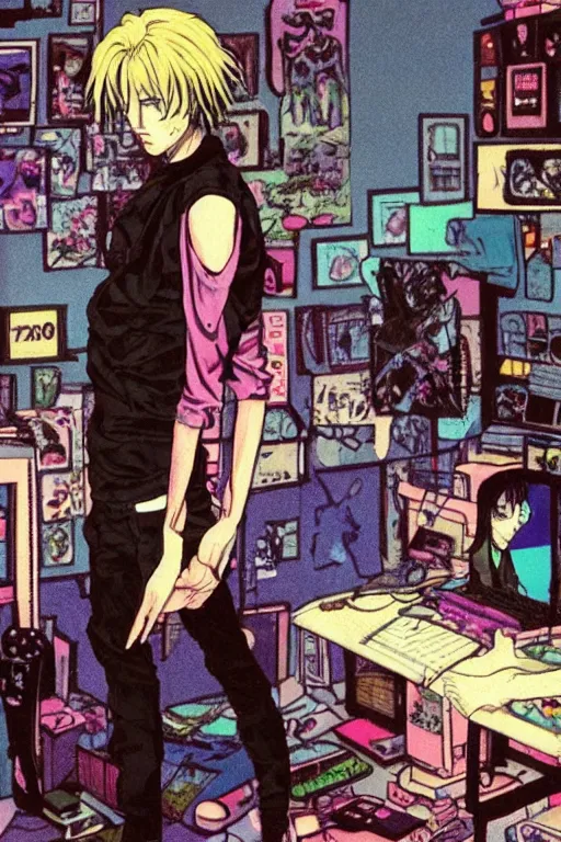 Image similar to a skinny goth guy standing in a cluttered 9 0 s bedroom, full body character concept art, vaporwave colors, hirohiko araki art, inio asano art,