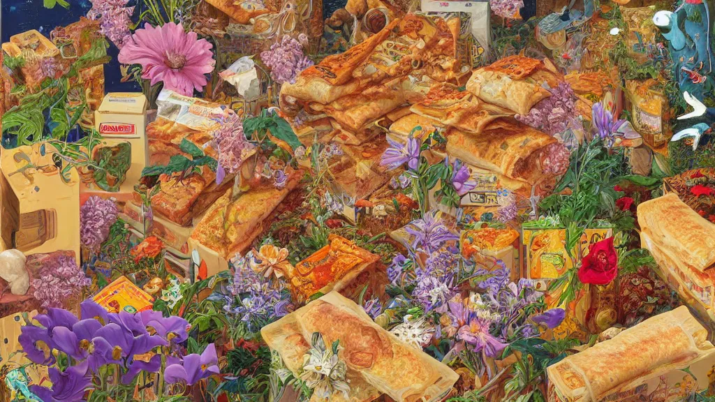 Prompt: highly detailed oil painting of a box of hot pockets surrounded by all the known species of flowers by olaf hayek, by moebius, by oliver vernon, by joseph moncada, by damon soule, by manabu ikeda, by kyle hotz, by dan mumford, by kilian eng