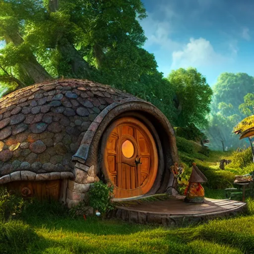 Prompt: village, hobbit house, mushroom house, 3 d render, illustrated, incredible details, highly detailed, colorful, photorealistic, disney pixar, octane render, iridescent, anime, 8 k