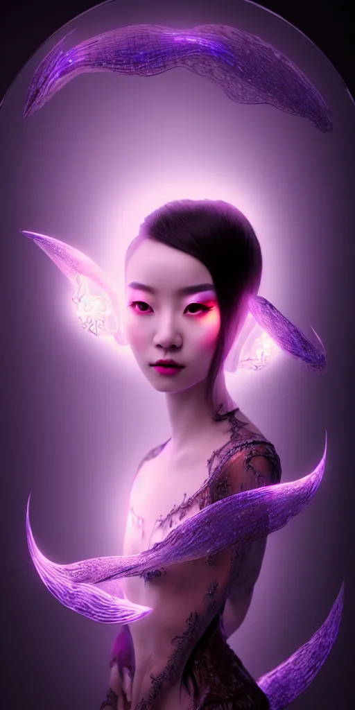 Prompt: beautiful oriental girl of illusion, beautiful, stunning, breathtaking, mirrors, glass, magic circle, magic doorway, fantasy, mist, bioluminescence, hyper - realistic, unreal engine, 3 d printing, digital painting, mixed media, photography, photo - editing, photo - manipulation