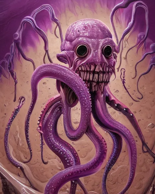 Image similar to Haunting horrifying detailed painting of a tall skinny extraterrestrial squid monster made of gelatinous fluid, floating teeth and purple eyeballs, hyper detailed, trending on Artstation