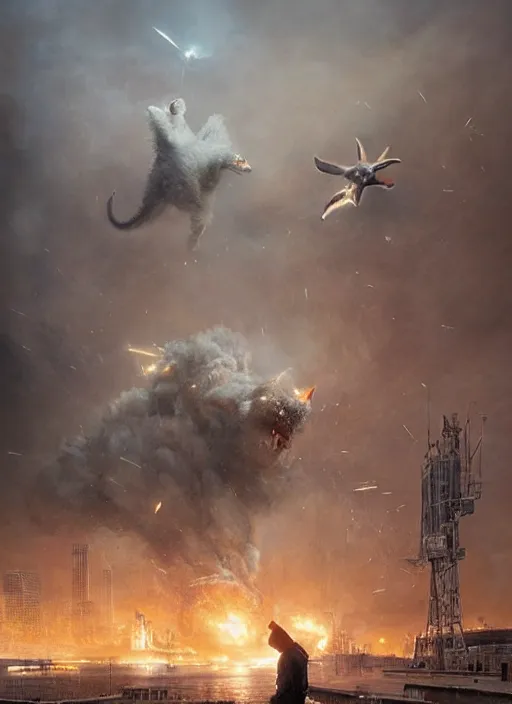 Image similar to hyper realistic giant fluffy caracal attacking moscow city harbor explosions, atmospheric beautiful details, strong composition painted by kim jung giu weta studio rutkowski, james gurney and greg rutkowski, and lucasfilm