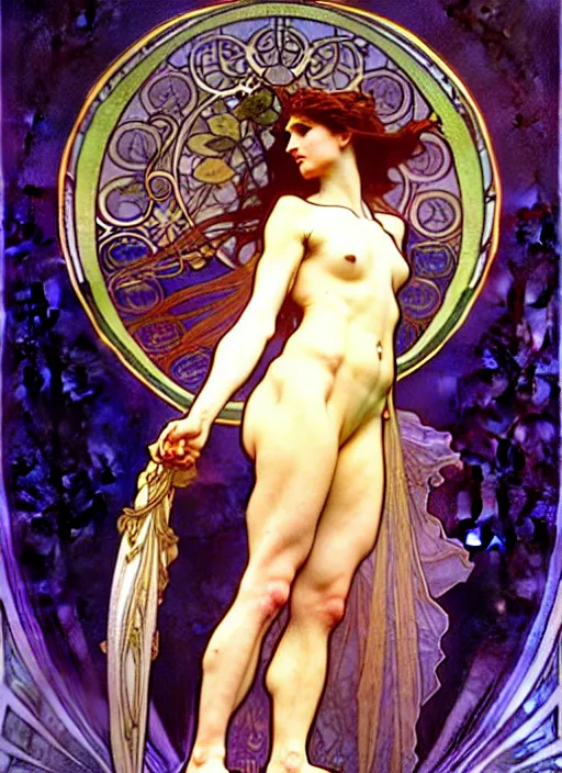 Image similar to awe-inspiring award-winning concept art nouveau painting of attractive figure called the goddess of the moonbow, by Alphonse Mucha, Michael Whelan, William Adolphe Bouguereau, John Williams Waterhouse, and Donato Giancola, fierce, extremely moody lighting, glowing light and shadow, atmospheric, shadowy, cinematic, diffuse lighting, fantasy, intricate, elegant, highly detailed, lifelike, photorealistic, digital painting, artstation, illustration, concept art, smooth, sharp focus, art by John Collier and Albert Aublet and Leonardo da vinci and Krenz Cushart and Artem Demura and Alphonse Mucha