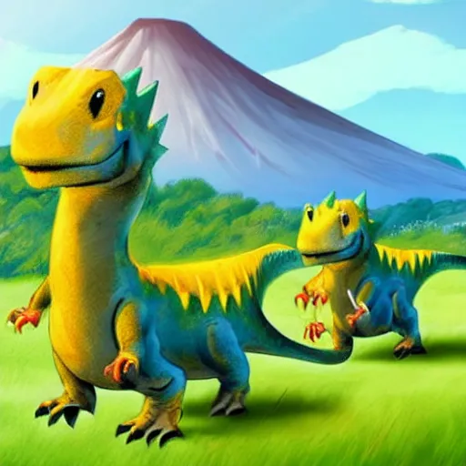 Prompt: cute dinosaurs walking around a field with a volcano in the background, concept art, illustrated, highly detailed, high quality, bright colors, optimistic,