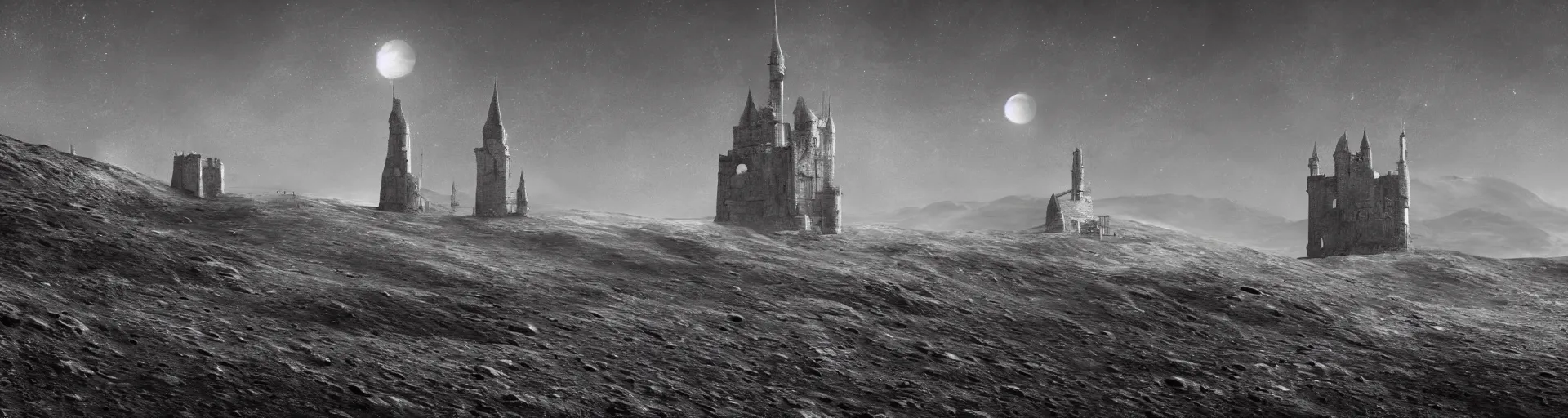 Image similar to landscape of the lunar surface with a spooky medieval castle tower on the far left, digital art