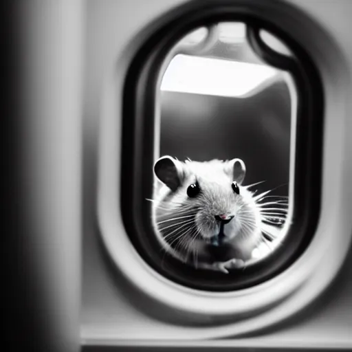 Prompt: photo of a hamster inside a metro train, looking out of the window, various poses, unedited, soft light, sharp focus, 8 k