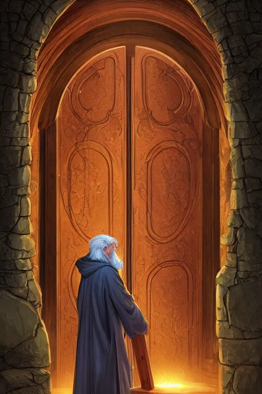 Image similar to an old wizard holding a book stands in front of an elaborate arched wooden door. stone steps lead up to the door. by mike allred and moebius and karol bak sharp digital painting. dreaming latent space. matte painting, concept art. artstation. digital render. realistic, 8 k