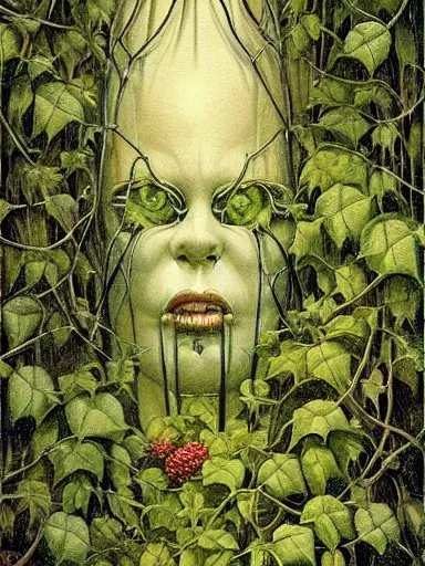 Prompt: The Hanging-Gardens of Pareidolia, ivy, verbena and pothos growing facial features and optical-illusions!!!!!, aesthetic!!!!!!!!, by Gerald Brom in the style of Johfra Bosschart in the style of,