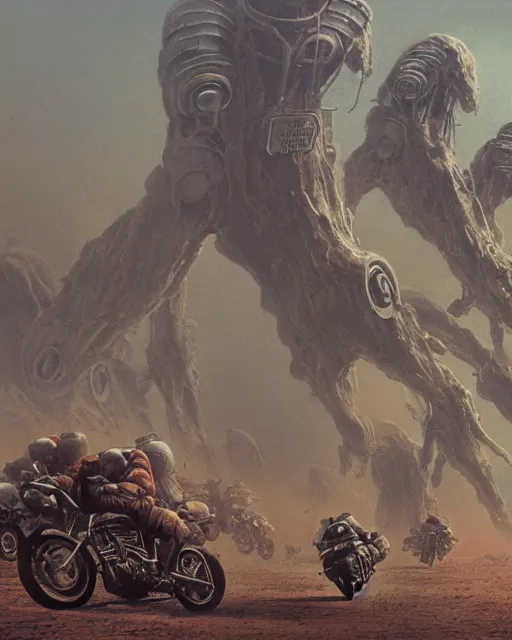 Prompt: motorbikers race in hell, retrofuturism sci - fi old movie, highly detailed, photorealistic, 8 k, by beksinski and stalenhag