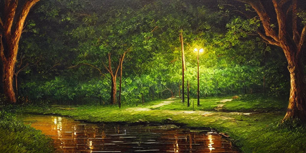 Image similar to nighttime nature landscape, lush, rich greenery, oil painting, ultra realistic, intricate, highly detailed, hd, sharp focus, warm colors, realistic, vivid colors, painting, non blurry, sharp, smooth, illustration