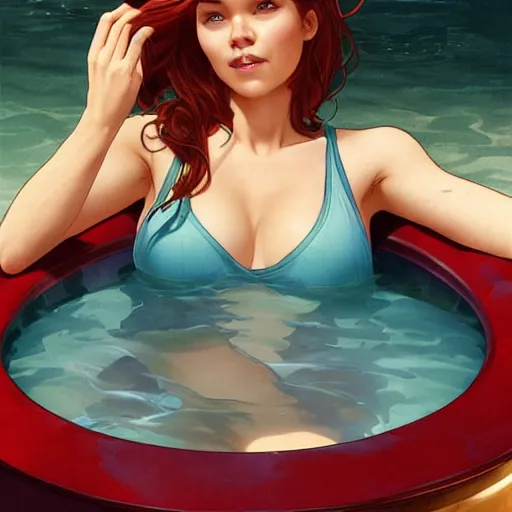 Image similar to mary jane watson in a swimsuit, relaxing in a hot tub, cg animation, riot entertainment, arcane, realistic, character select portrait, by artgerm, greg rutkowski, alphonse mucha, 3 d