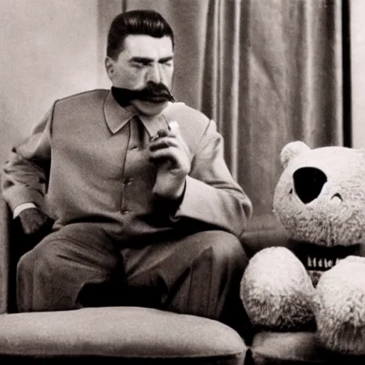 Prompt: professional picture of Joseph Stalin smoking a joint and sitting next to an anthropomorphic teddy bear on a couch, dslr, cinematic