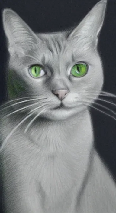 Prompt: highly detailed realistic full body pencil sketch portrait of a beautiful grey white cat with big green eyes, in the background is the universe