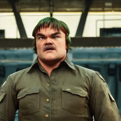 Prompt: movie still of jack black starring as guile in the 2 0 2 6 live action street fighter movie