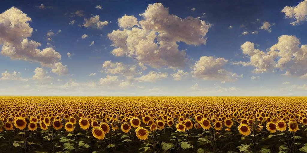 Prompt: Hyper realistic oil painting of an endless sunflower field, high contrast, deep and bright colors, blue skies, cinematic, by greg rutkowski