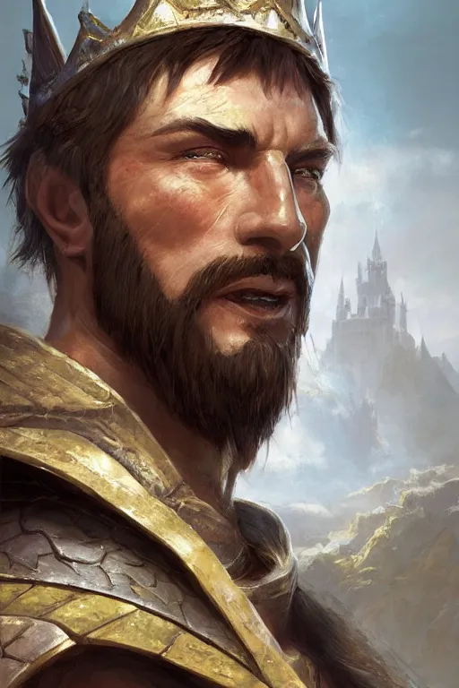 Prompt: dungeons and dragons warrior king character closeup portrait, dramatic light, castle background, 2 0 0 mm focal length, painted by stanley lau, painted by greg rutkowski, painted by stanley artgerm, digital art, trending on artstation