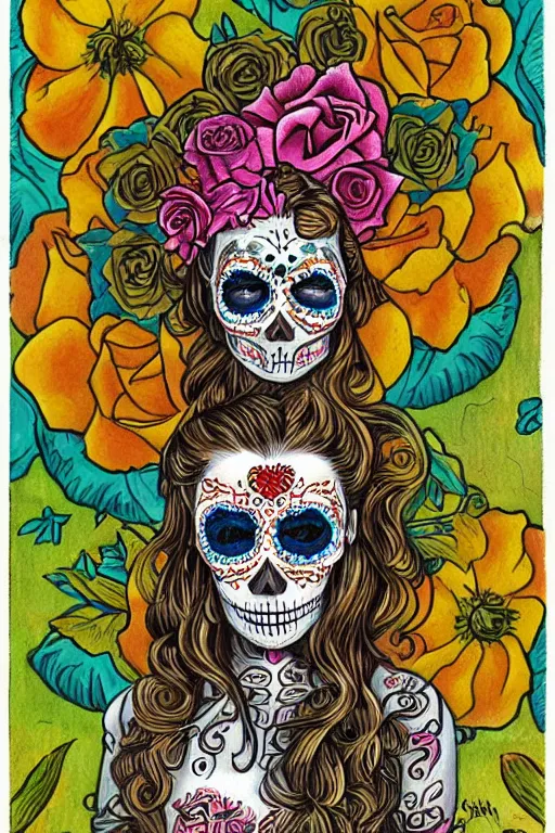 Prompt: Illustration of a sugar skull day of the dead girl, art by Kelly Freas