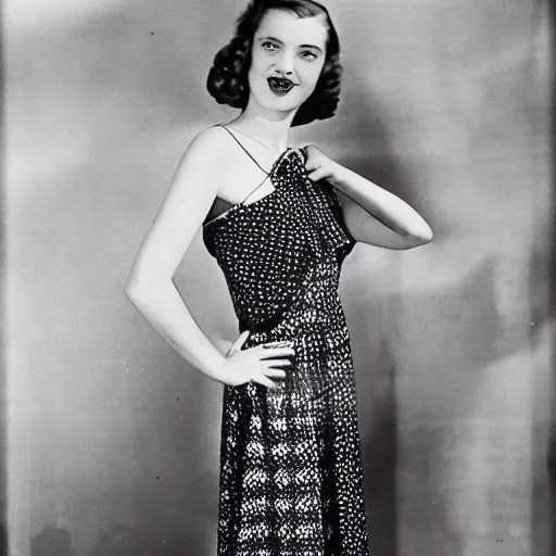 Image similar to a vintage 1 9 4 0 s photograph of a fashionable german pale skin, shoulder length hair lady posing in a photographer's studio. she is wearing a patterned dress with a sleeveless top in the fashion of the late 1 9 4 0 s.