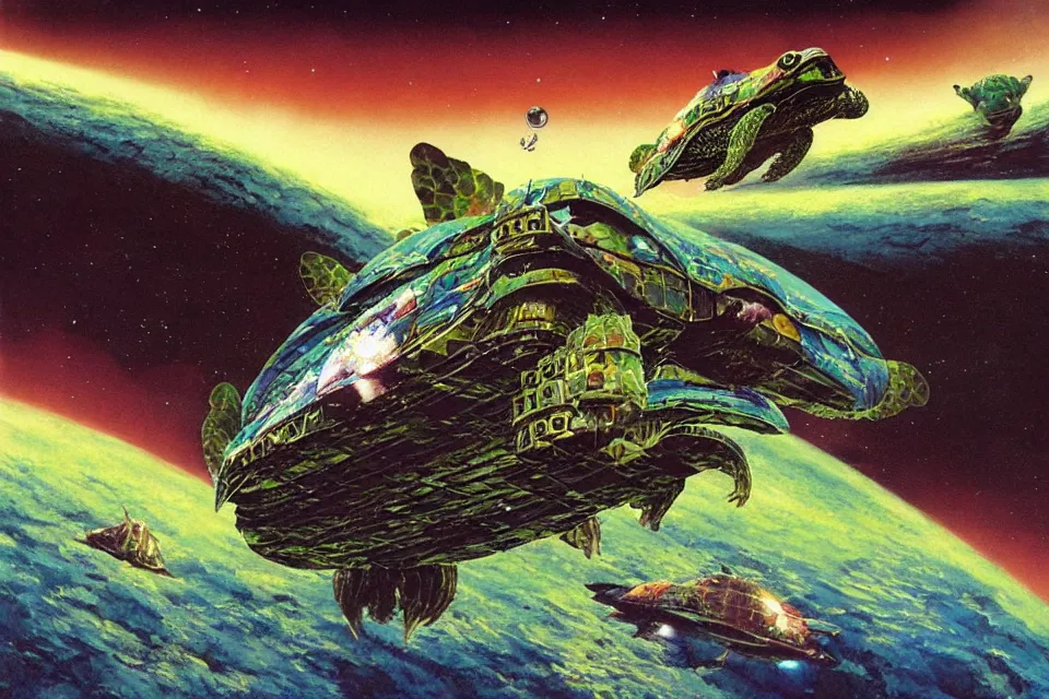 Image similar to an epic chris foss painting of a biological turtle spaceship.