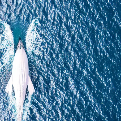 Prompt: white whale in the middle of the ocean, alone, aerial view, canon eos r 3, f / 1. 4, iso 2 0 0, 1 / 1 6 0 s, 8 k, raw, unedited, symmetrical balance, in - frame